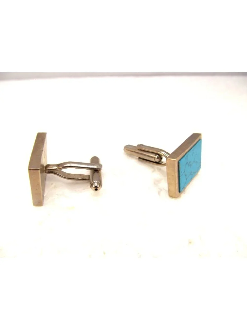 Men's Rectangle Acrylic Faux Turquoise Cufflinks Silver Tone Metal & Bullet Back